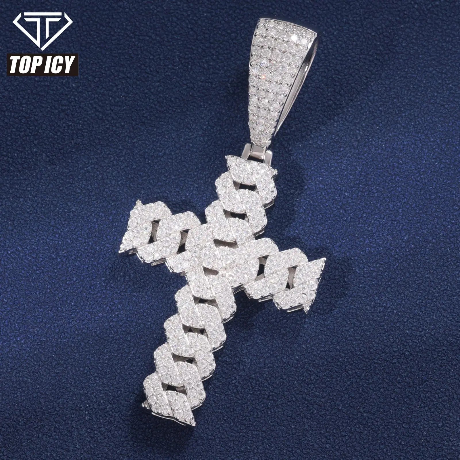 Iced Out 925 Sterling Silver Paved Diamond 2 Rows Cross Pendant Hip Hop VVS D Moissanite Diamond Pendant Necklace for Unisex