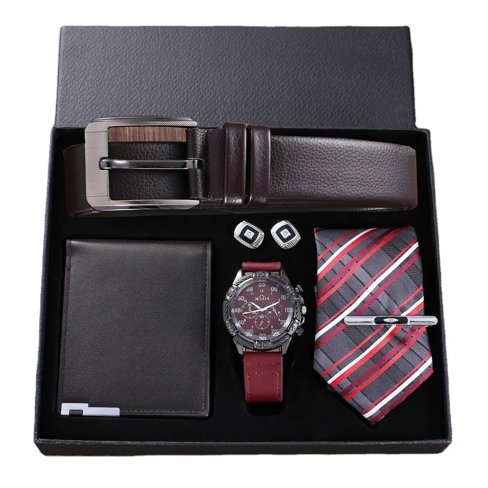 Hot Selling Business Men's Accessories Gift Set with Watch + Belt + Wallet + Cuff + Tie