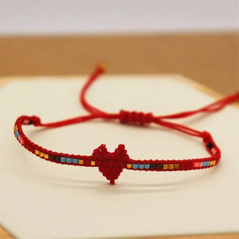 Handmade Adjustable Bracelet for Women Multi-Color Miyuki Beads with Red Heart Pattern Simple INS Style Boho Red Heart Bracelet
