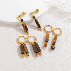 Hot Sale Stainless Steel Natural Stone Drop Earrings Green Aventurine Clip on Earrings for Women