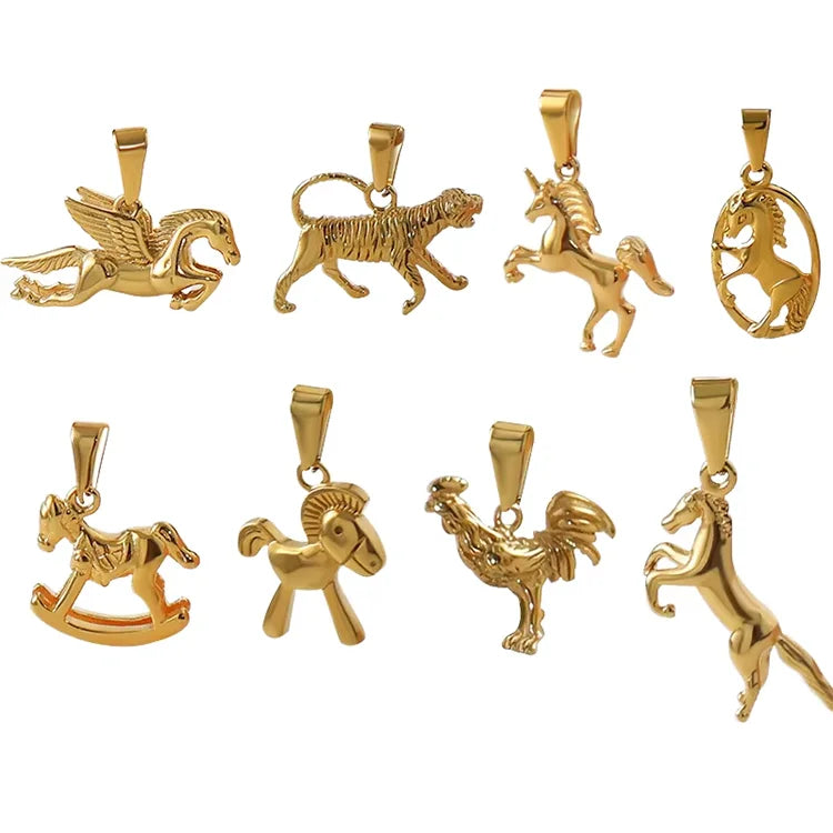 SP4058 High Quality Non Tarnish Waterproof Jewelry 18k Gold Plated Stainless Steel Tiger Rearing Horse Animal Charm Pendants
