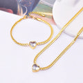 ESESI Wholesale Fashion 18K Gold Plated Heart Bling Cubic Zircon Stainless Steel Chain Texture Necklace Bracelet Jewelry Set