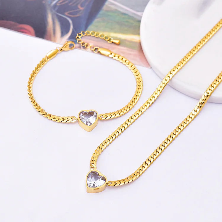 ESESI Wholesale Fashion 18K Gold Plated Heart Bling Cubic Zircon Stainless Steel Chain Texture Necklace Bracelet Jewelry Set