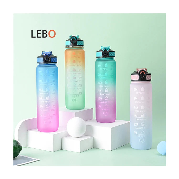 Custom Logo 1 Liter Motivational Gym Sport Plastic Water Drink Bottles with Straw