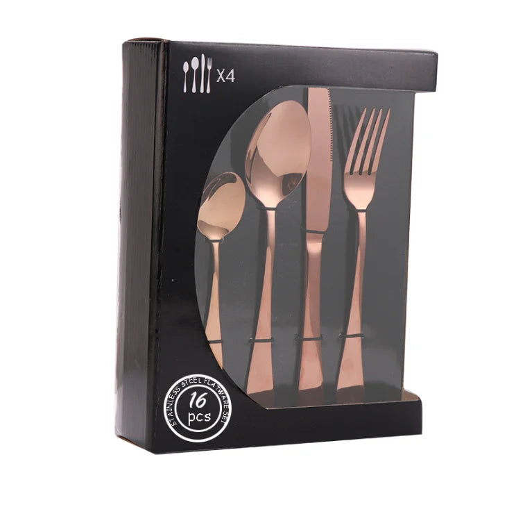 New Design Western Style 16-Piece Stainless Steel 18/0 Metal Cutlery Set Low MOQ Restaurant Rose Gold Tableware Flatware Box