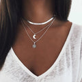 Wholesale Alloy Flat Snake Chain Multilayer Necklace Fashion Simple Geometric Tree of Life Moon Pendant Necklace