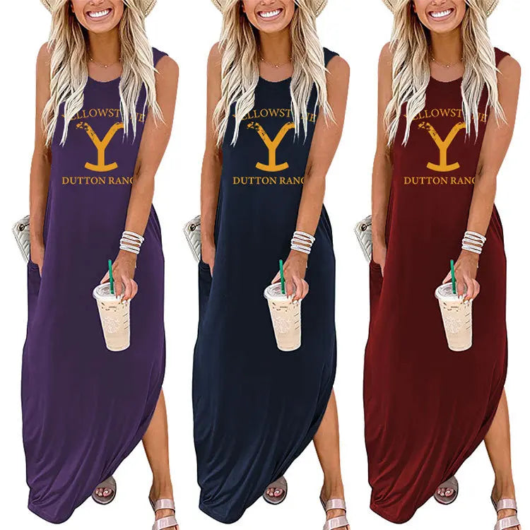 2025 Wholesale Loose Yellowstone Dutton Ranch Print Summer Dresses for Women Vintage Western Vestidos Longos Pockets 2 Pcs