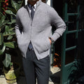 Men's Winter Cardigan Sweater Long Sleeve Stand Collar Warm Rib Knitted Pullover Jacket Zipper Closure Pattern English