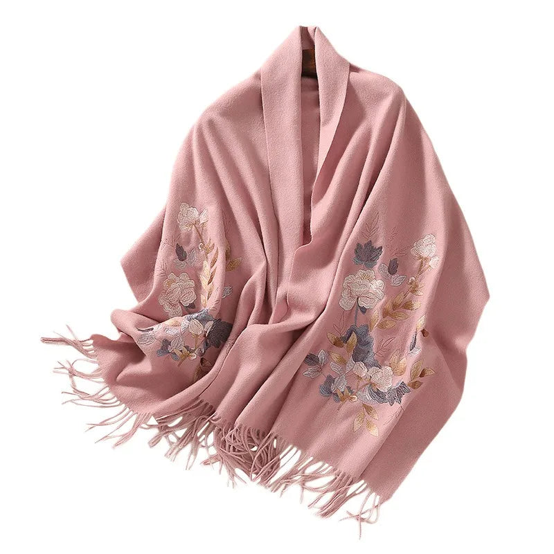 Custom Womens Wool Shawl With Embroidered Flower Wool Scarf in Autumn and Winter Ethnic Style