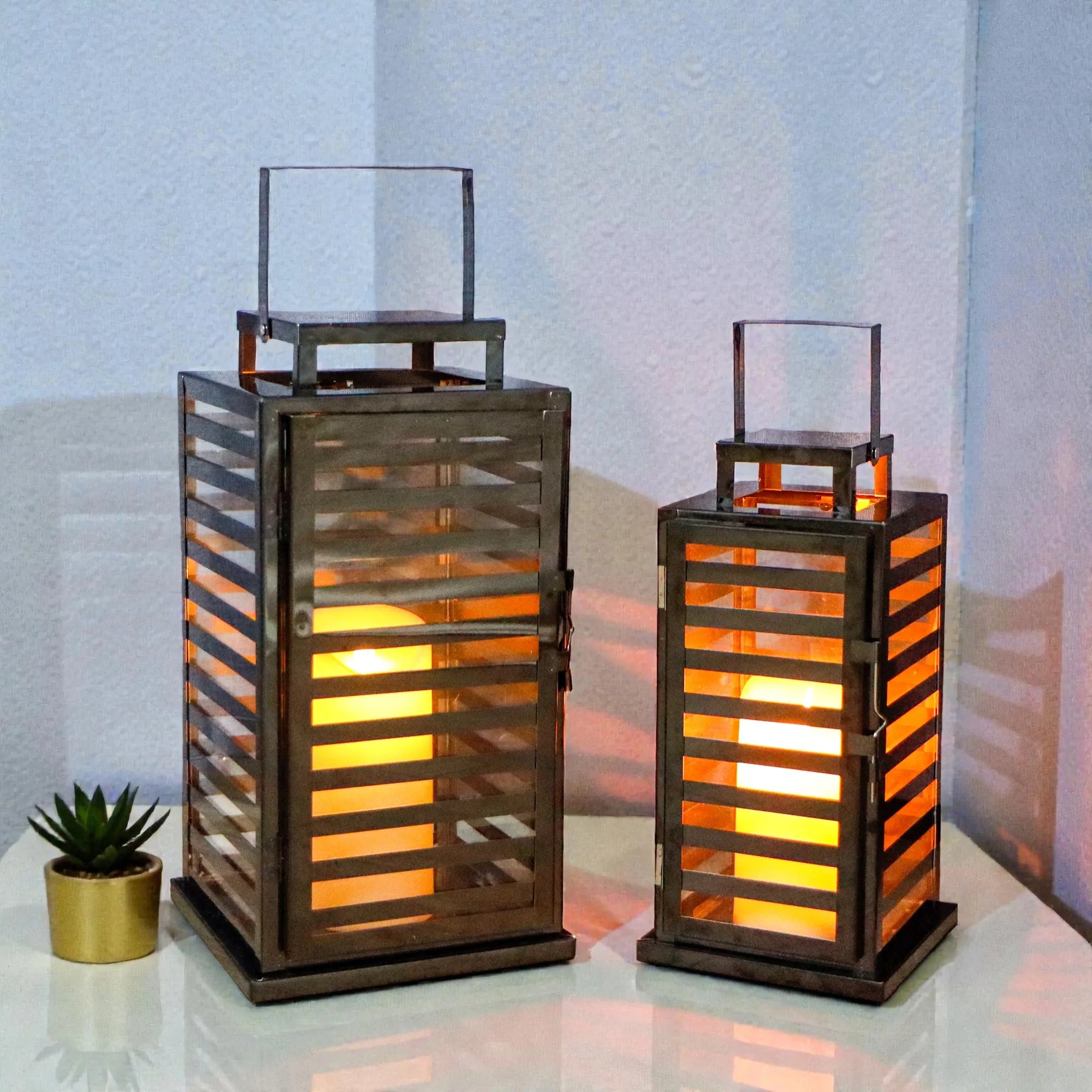 Modern Black Metal Cage Lantern Sleek Contemporary Portable Lantern for Home Decor Patio Wedding Event