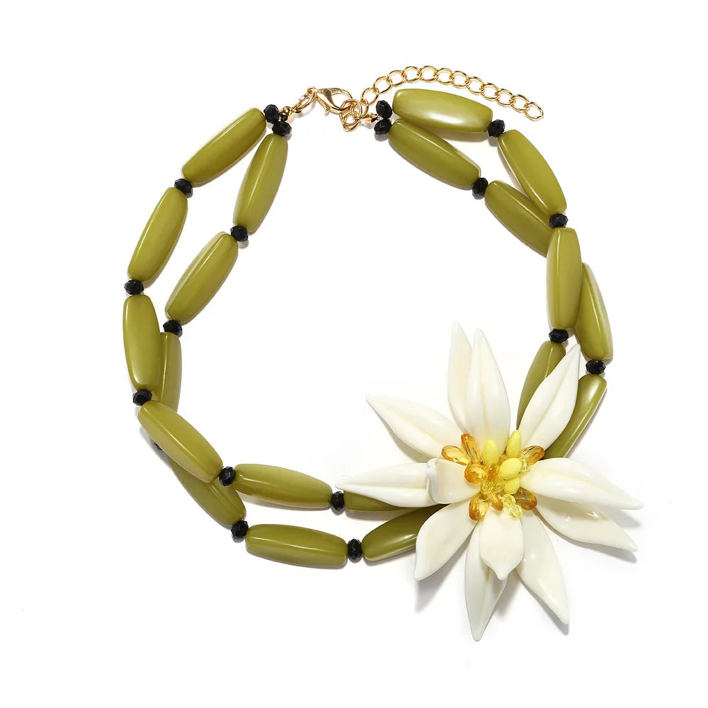 Women's Gold Leaves Charm Necklace Geometrical Resins Maxi Chokers Collar Bib Statement Pendants Zinc Alloy Beads Chain Jewelry