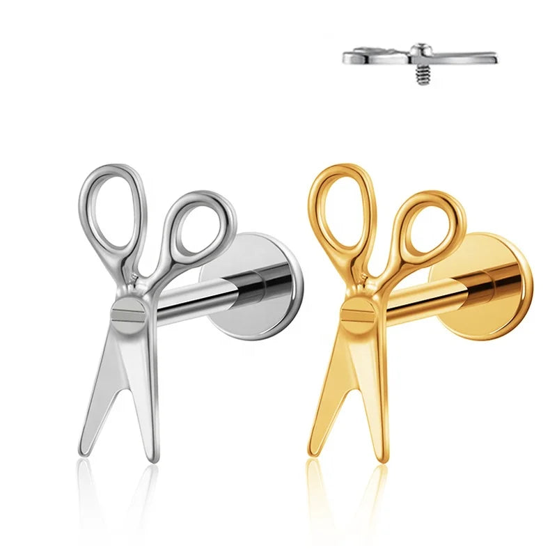 Hot Selling F136 Titanium Alloy Scissors Earrings G23 Zircon Gold Plated Punk Style Wedding Engagement Body Piercing