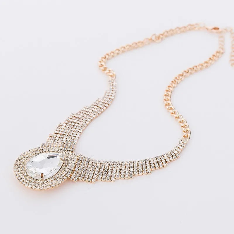 Vintage Gold Plated Necklace for Women Fashionable Wedding Statement Jewelry with Large Water Drop Glass Rhinestone for Bridal