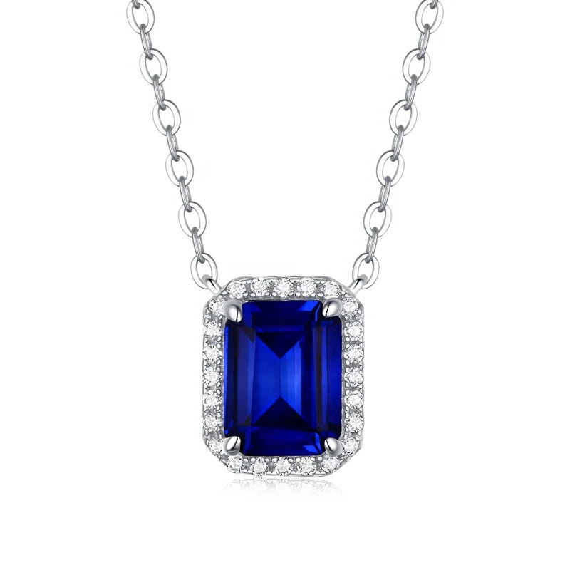 Lab-Created Blue Sapphire Necklace 925 Sterling Silver Jewelry Halo CZ 6*8 mm Emerald Sapphire Pendant Necklace for Women