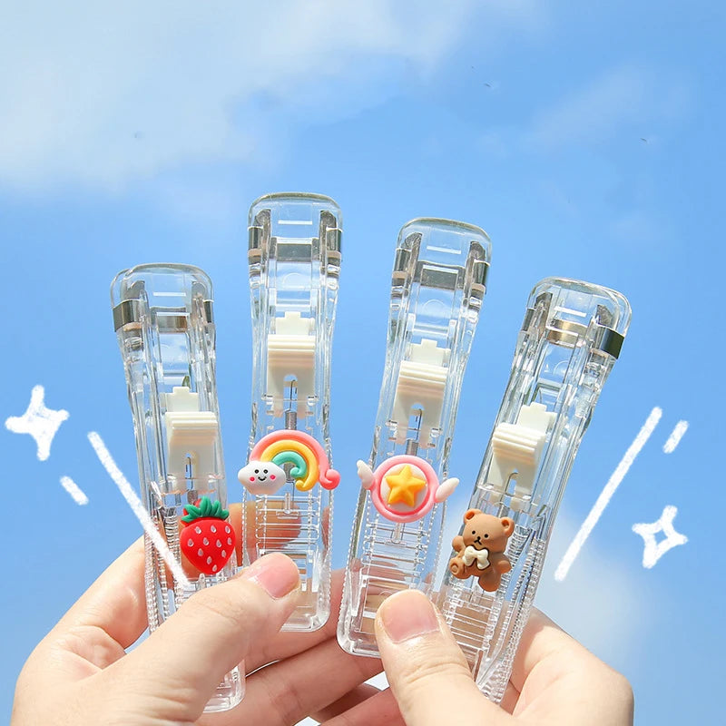 Cartoon Cute Transparent Push Clip Stapler Remover Binder Push Clamp Tape Dispenser Hand Paper Clipper Clips Office Supplies