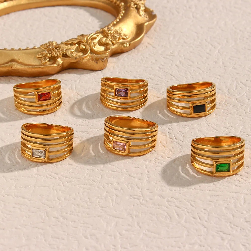 New Style Design 18K Gold Plated Stainless Steel Zircon Ring for Women Jewelry Hollow Out Layered Rings