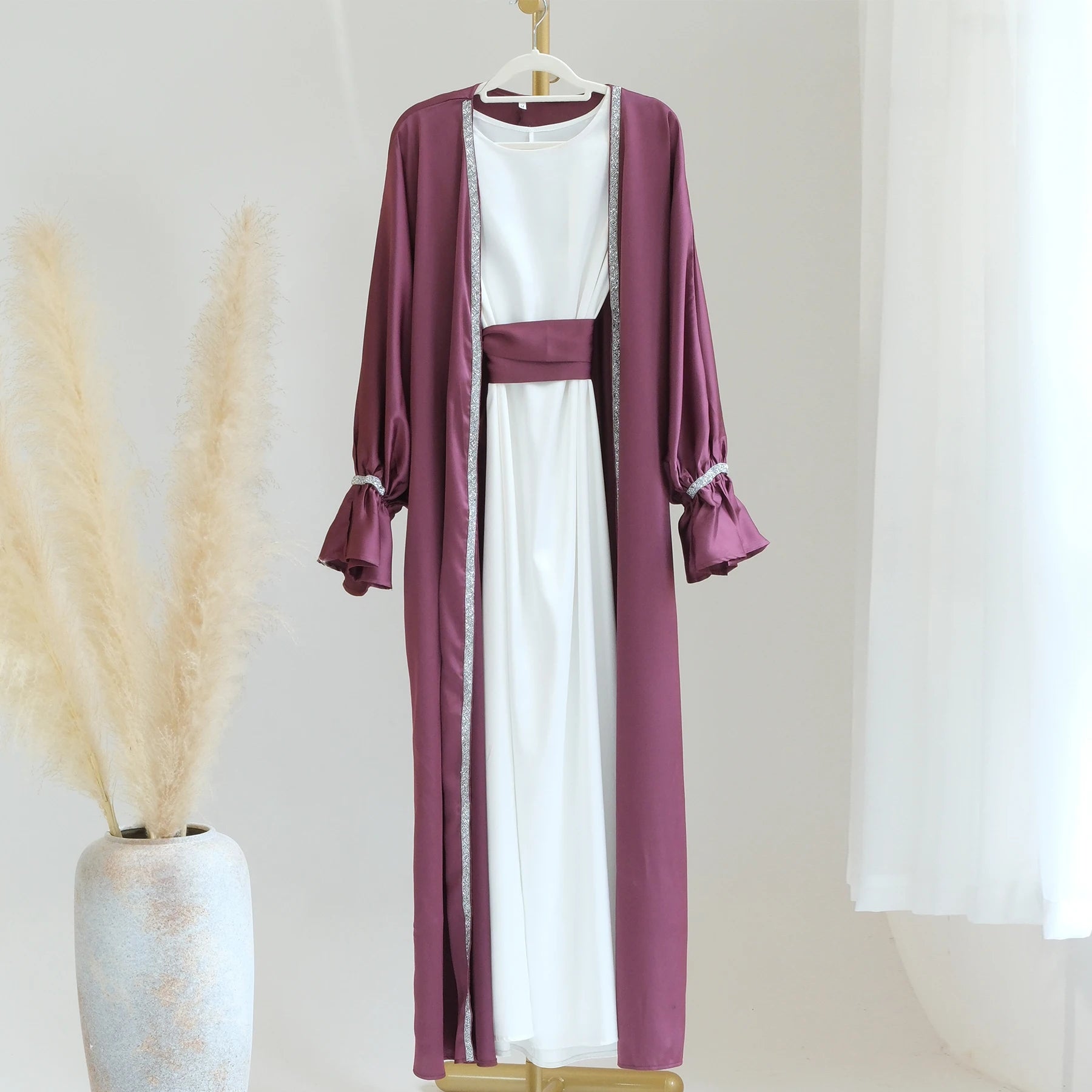 Loriya August New Luxury Abaya Dubai Style Diamond Satin 2 Piece Abaya Women Muslim Dress Modest Islamic Clothing