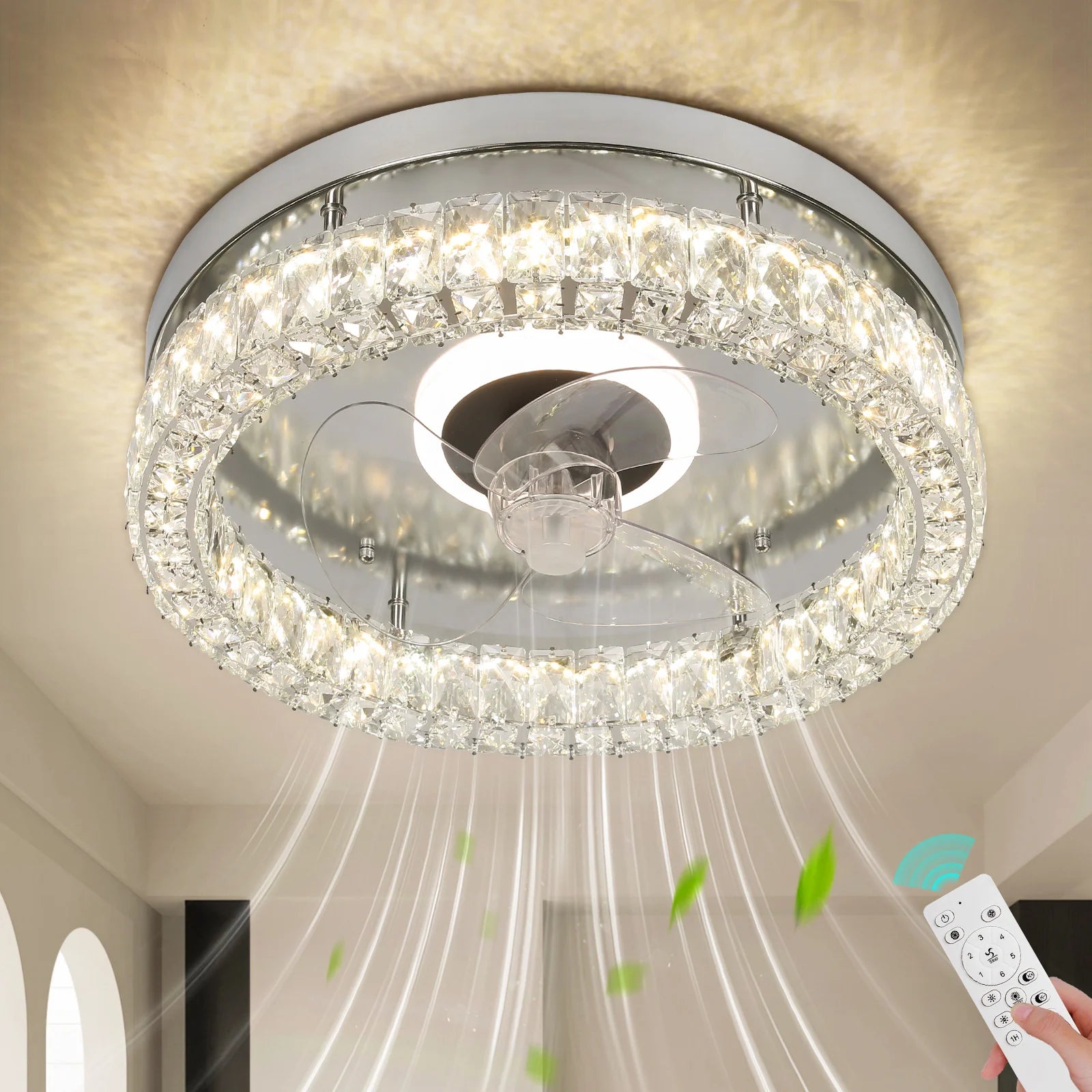 Modern Chrome Crystal Creative Decorative Ceiling Fan With Remote Control 3 Colors LED Bedroom Ceiling Fan With Light