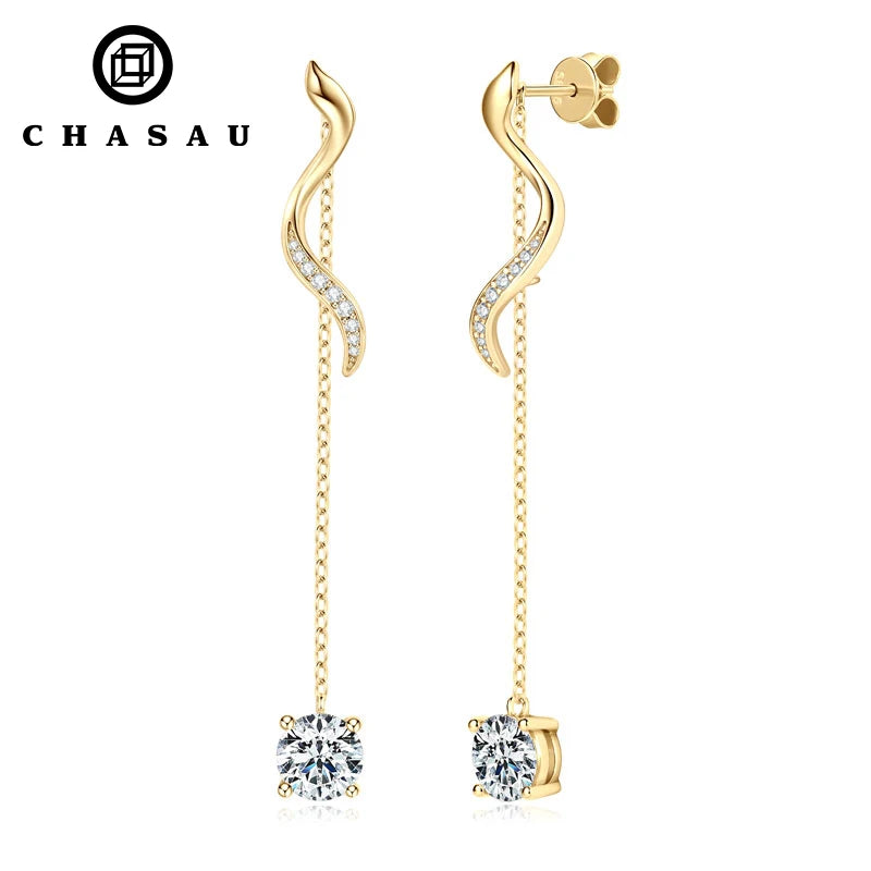 Unique Fashion S Type Chain 925 Sterling Silver 6.5mm 1.0ct Round Moissanite Drop Earrings for Women