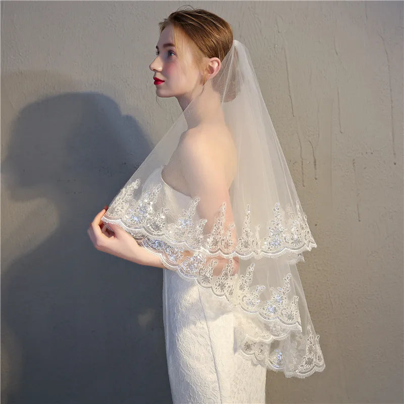Double-Layered Beautiful Bridal Veil with Sequined Lace Appliques and Metal Comb Short Head Wedding Accessories