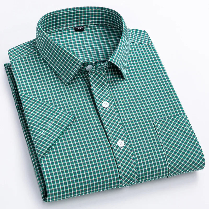 RNSHANGER Mens Cotton Plaid Shirts Short Sleeve Thin Summer Standard Fit Checked Casual Shirt Daily Turn-down Collar Shirt