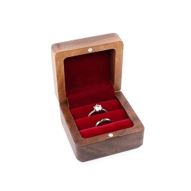 Custom Logo Square Vintage Double Slots Proposal Engagement Wedding Walnut Wooden Ring Box