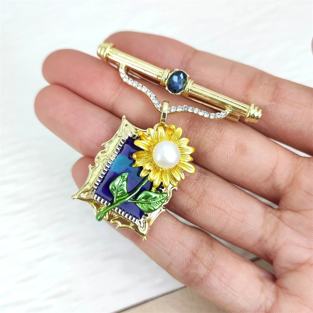 Luxury Vintage Summer Jewelry Baroque Natural Freshwater Pearl Sunflower Brooches 18k Gold Plated Gemstone Brooch Pins for Lady
