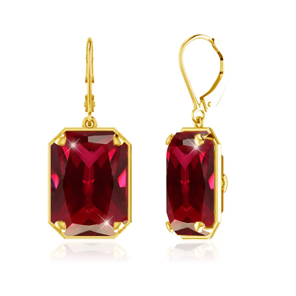 Hot Sale Ruby Rectangle Red Gemstone Jewelry Sterling Silver Women Wedding Gold Plated Vintage Earrings