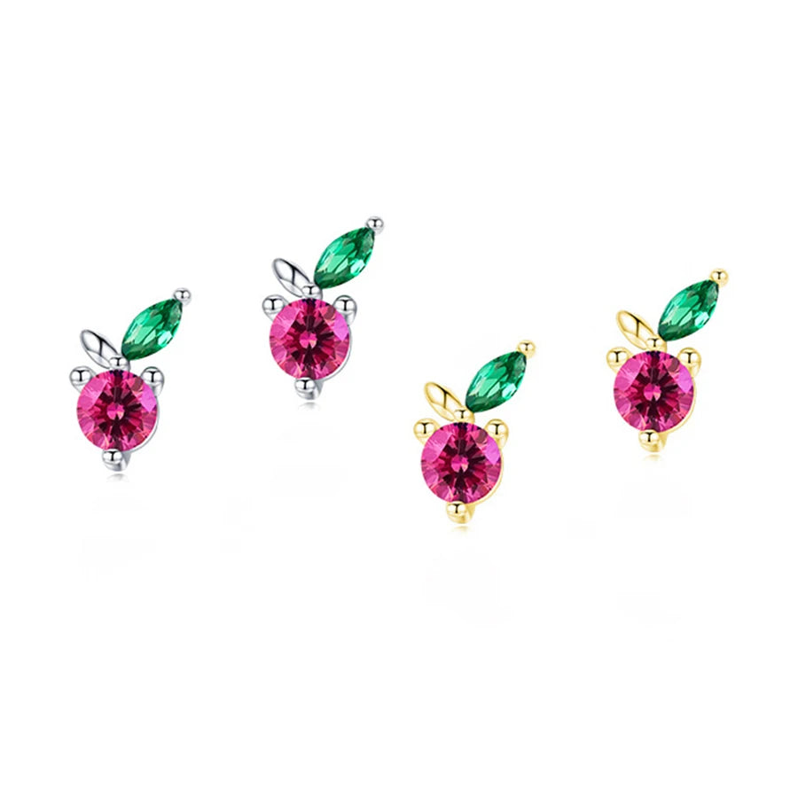 Cute and Exquisite Fruit Earrings 925 Sterling Silver Gold Plated pink Small Cherry Stud Earrings