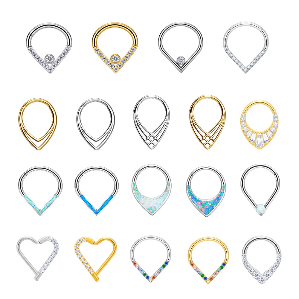 ASTM F136 Titanium Heart Shape CZ Opal Inlay Septum Hoop Nose Ring Cartilage Tragus Helix Segment Earrings Body Piercing Jewelry