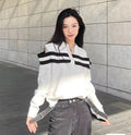 Women's Casual Crew Neck Knit Sweater Viscose/Polyester Long Sleeve Black White Striped Oversized Fashion Top
