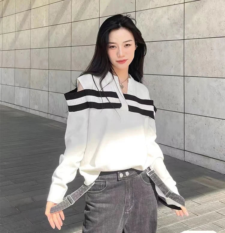 Women's Casual Crew Neck Knit Sweater Viscose/Polyester Long Sleeve Black White Striped Oversized Fashion Top