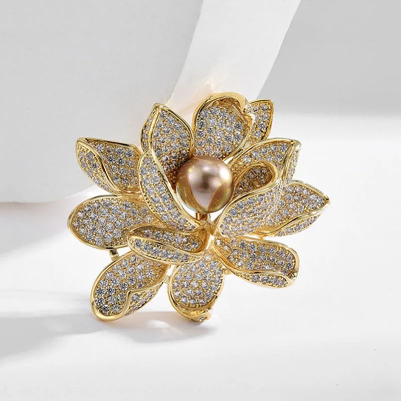Jachon Elegant Rhinestone Flower Brooch Pins for Women Costume Corsage Broach With Simulated Pearl