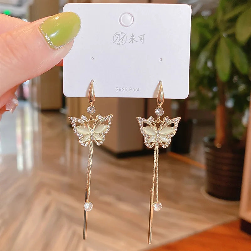 S925 Silver Needle Butterfly Earrings Long Micro Pave Cubic Zirconia CZ Butterfly Tassel Earrings Wire for Lady