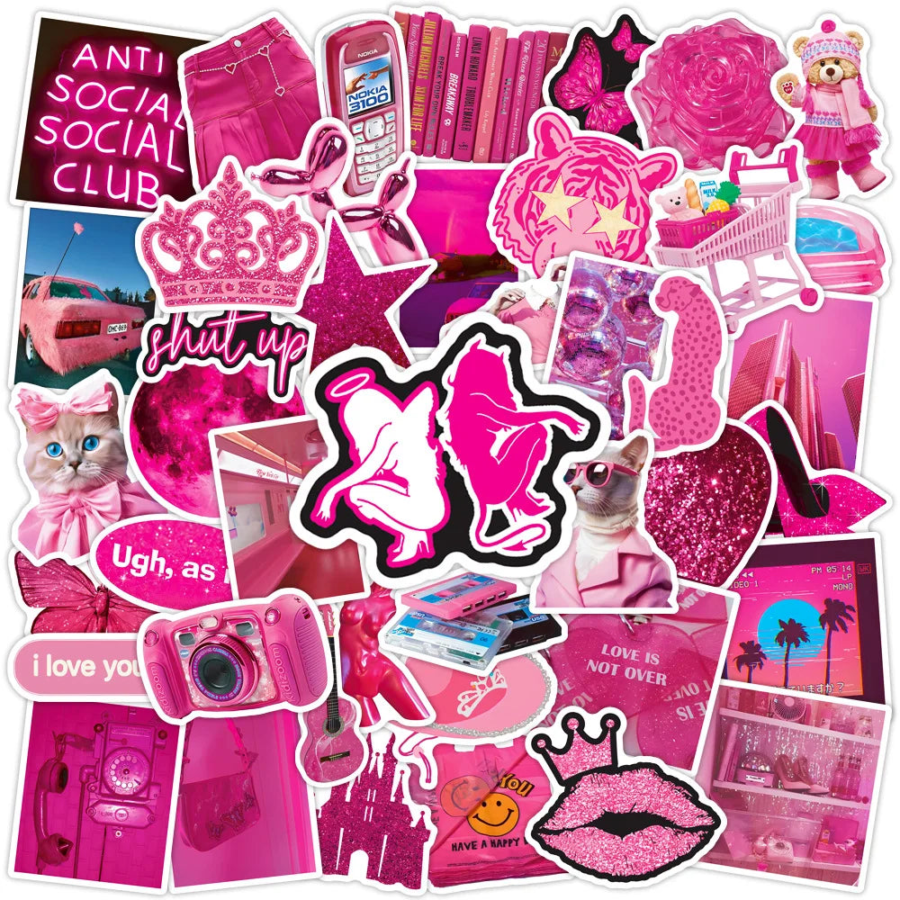 50PCS Cool Fashional Preppy Decals Random Cartoon Glitter Girly pink Y2K Sticker