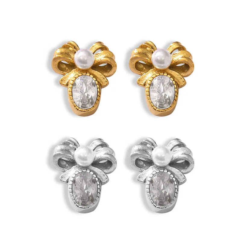 2026 Wholesale Lady's French Retro Lace Earrings 18k Gold-Plated stainless Steel ear Stud Bowknot Pearl Zircon Earrings Jewelry