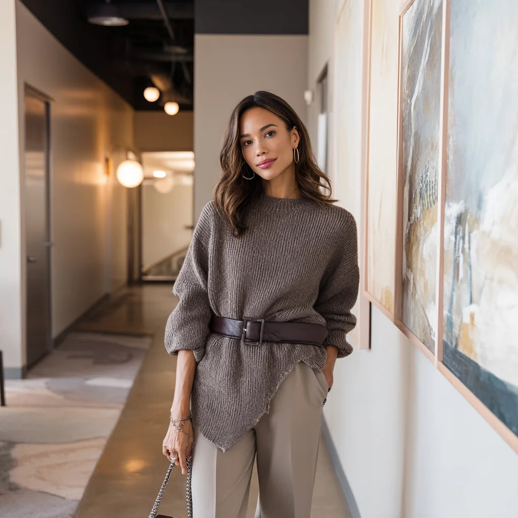 Contemporary Office Fashion for Women Modern Asymmetrical Hem Knit Cable Knit Cardigan Korean Print Short Fancy Top Autumn
