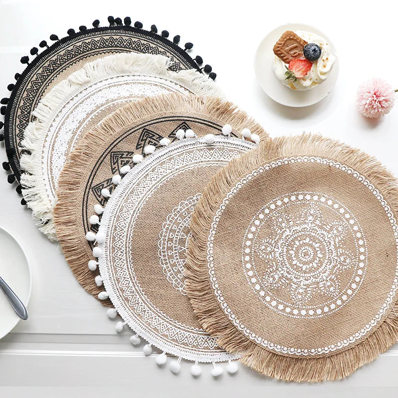 ACASA ARTO Macrame Boho Tassels Placemat Cotton Linen Eco-Friendly Heat Resistant 40x40cm Farmhouse Table Mat Decoration Carton