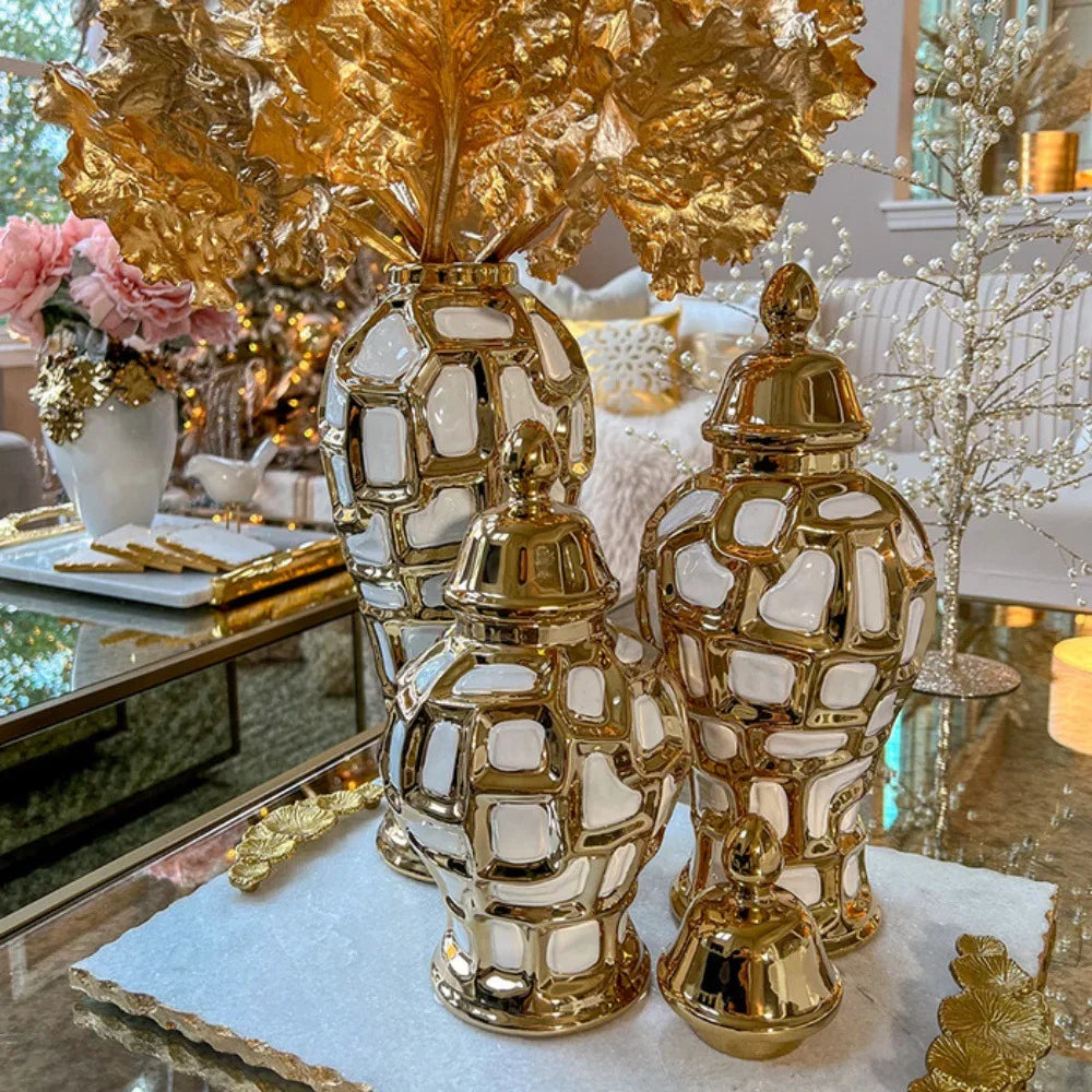 Luxury Electroplated Gold Ginger Ceramic General Jar Modern Tabletop Vase Decoration