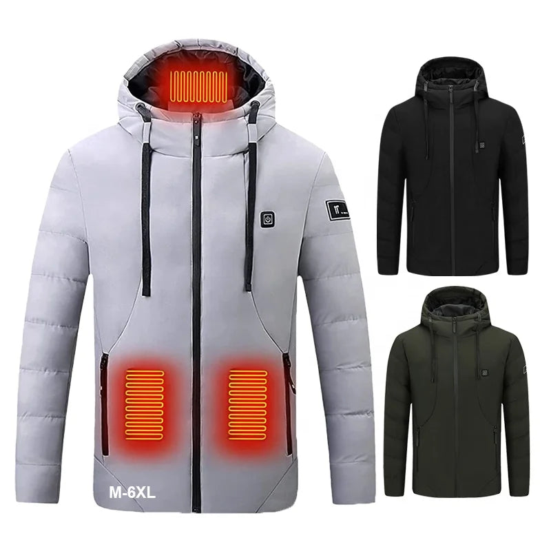 Winter Men's Thermal Quilted Puffer Jacket Hooded Stand Collar Waterproof Windproof 4-Zone Heating 3 Colors