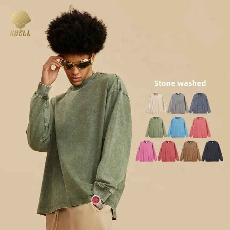 CNSHELL 270gsm Classic Hip Hop Brand Oversize Unisex Men Crew Neck Stone Wash Y2K Rib Cuff Sleeve Full Shirt