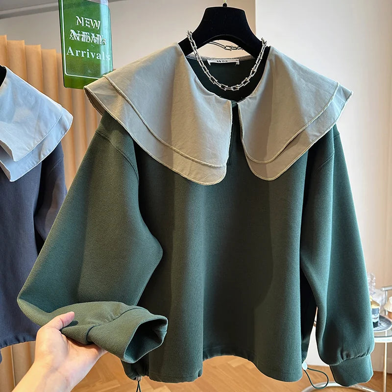 Wholesale 2026 Autumn New Bottom Drawstring Design Feel Loose Casual Pullover Ruffle Double Layer Round Neck Women's Sweatshirts