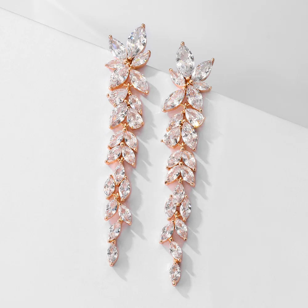 New Style Wholesale Wedding Bridal Accessories Handmade Leaf Statement Drop Zircon Earrings for Women 2021