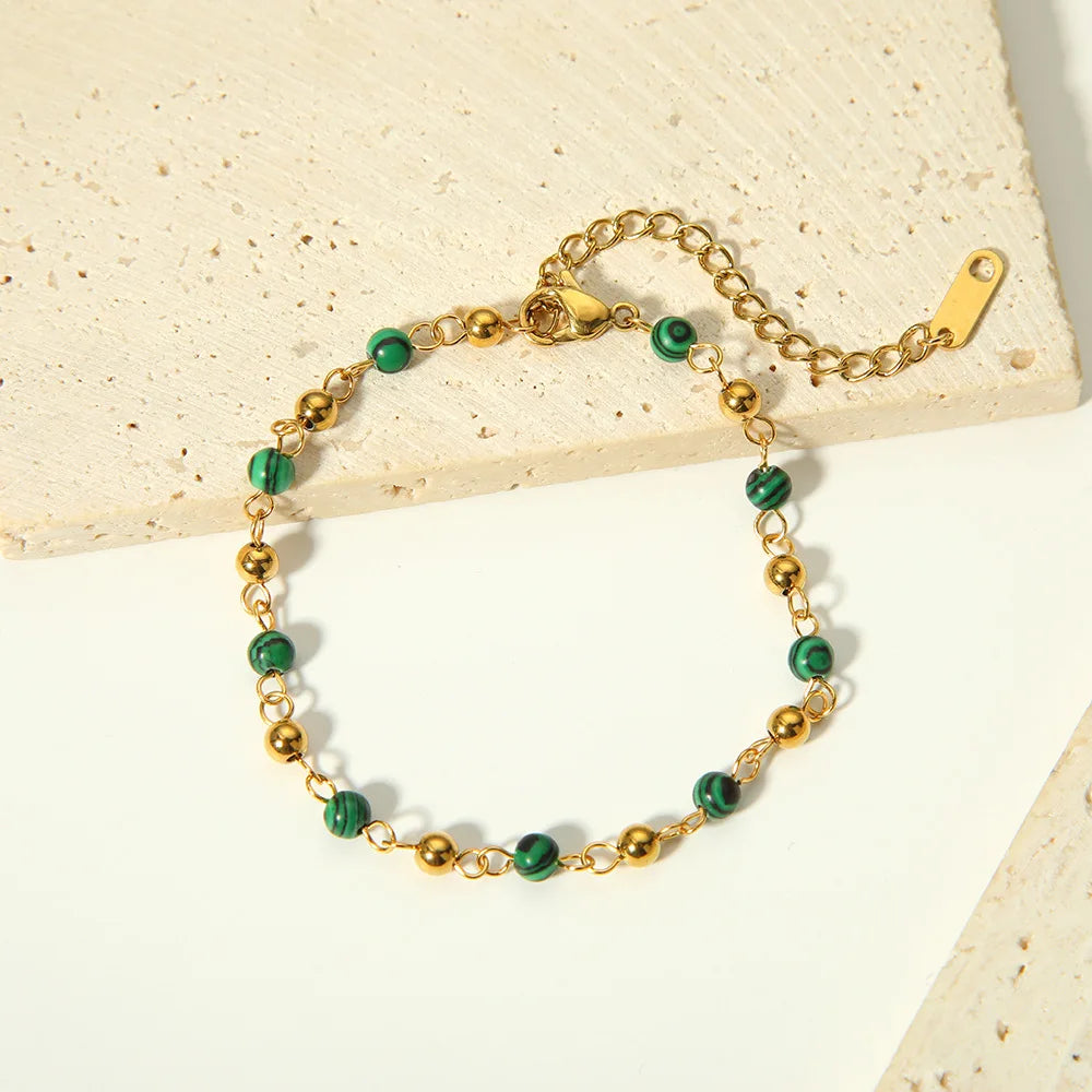 New Arrival 18k Gold Plated Stainless Steel Malachite Beads Bracelet Tarnish Free Bracelet Pulsera De Acero Inoxidable