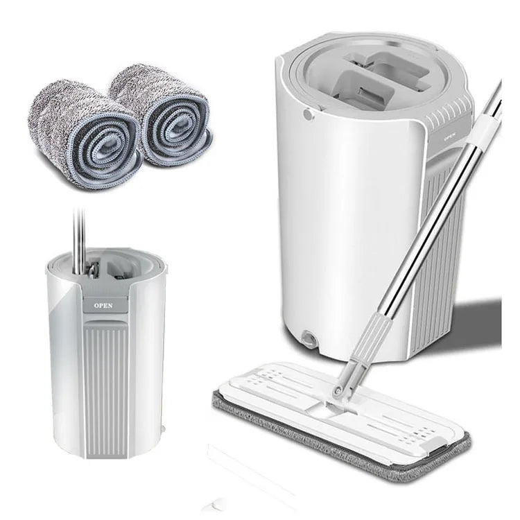 Household Clean Use White Flat Squeeze Mop Bucket Set Long Stainless Steel Pole Rectangle Head Hands-Free Flat Floor Mop