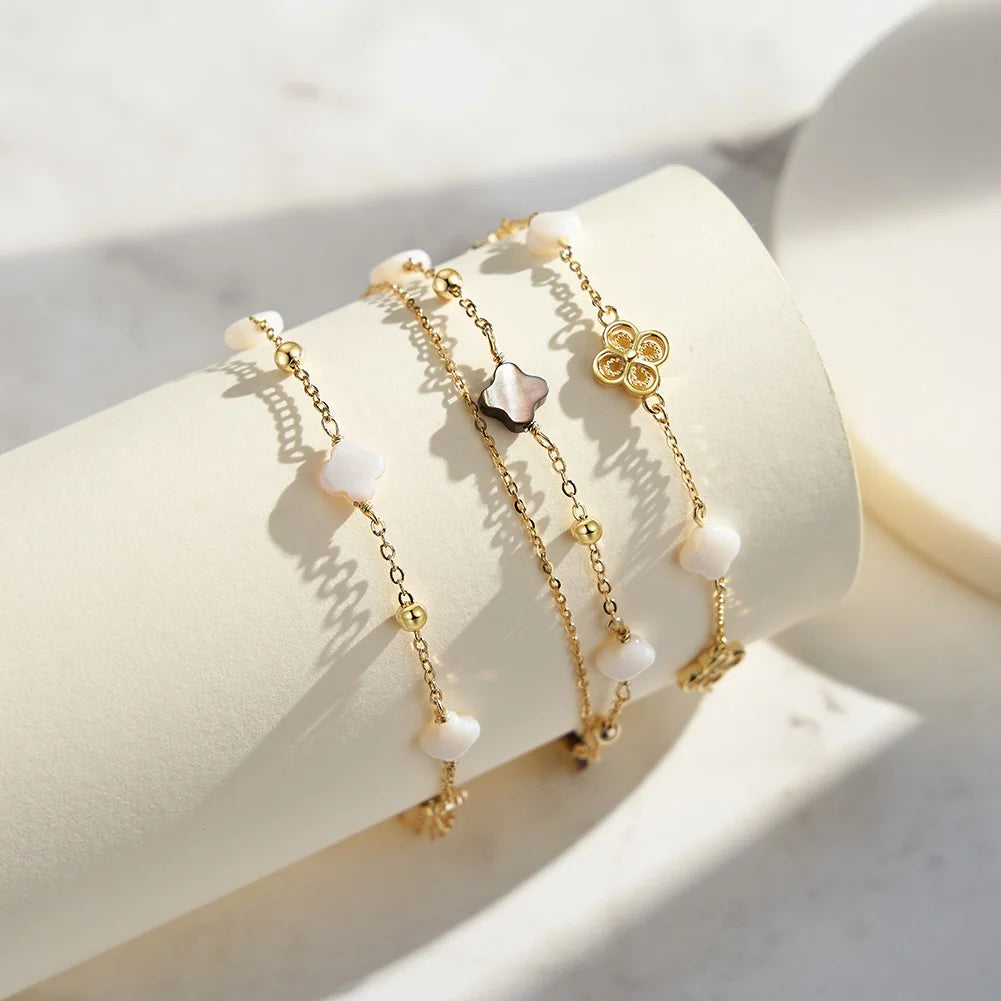 RINNTIN GMB65 New Arrival 925 Sterling Silver 14k Gold Plated Shell Clover Flower Pearl Bracelet Women Four Leaf Bracelet