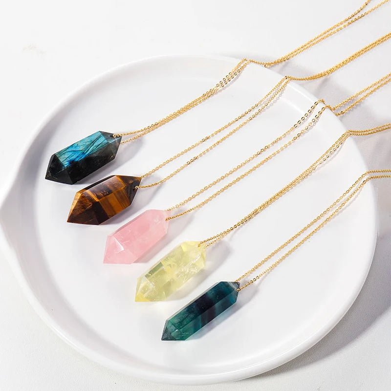 New Mix Colors Natural Crystal Double Pointed Pillar Hand Polished Hexagonal Prism Pendant Copper Necklace Pendant