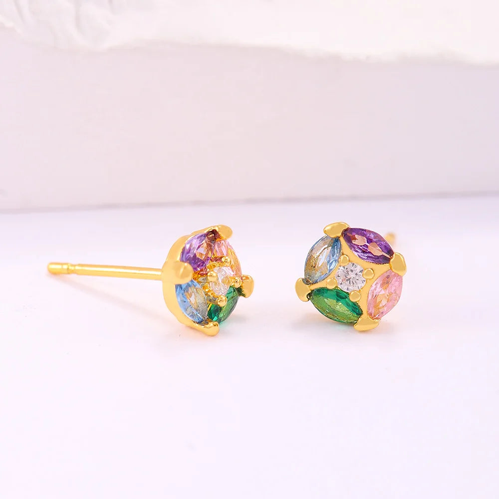 Men's Women's Unisex Gold Plated Brass Round Stud Earrings IEC Out Zircon Diamond Hip Hop Bohemia Style for Trendy Parties