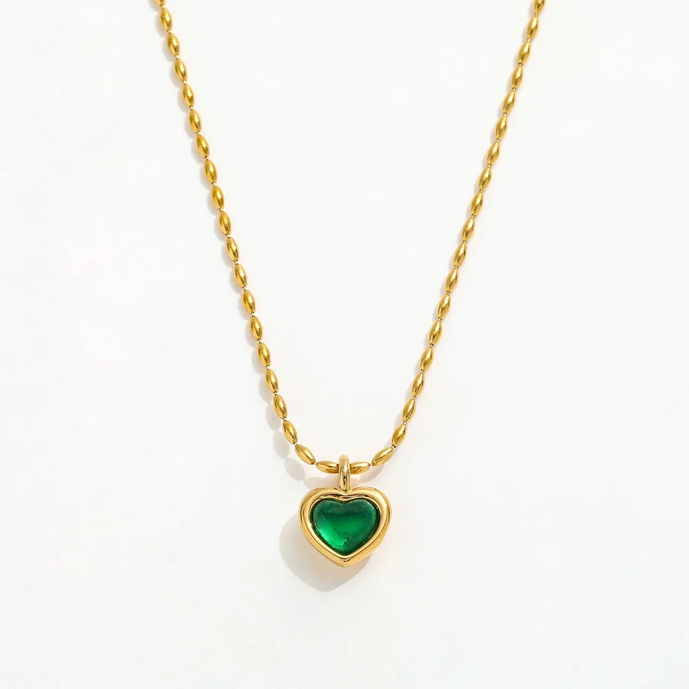 Fenny 18K Gold Plated Wholesale No Fade Elegant Luxury Heart Zirconia Pendant Rice Beads Chain Stainless Steel Necklace