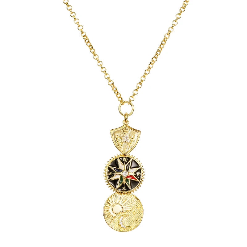 European and American Style Sun Stars Moon Crown Ears of Wheat Shield Compass Pendants Necklaces Women Girls